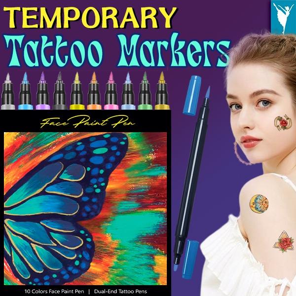 Temporary Tattoo Markers - 10 dual-tip washable, skin-safe colors with stencils for creating temporary body art, perfect for kids and adults.